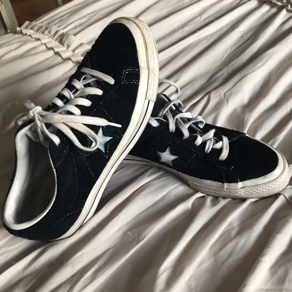 Converse All Stars, black suede, white rubber soles, vintage Size 7-7.5